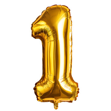 golden helium balloon number one (1) on transparent background	