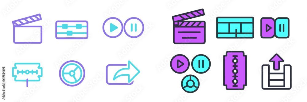 Poster icons representing various multimedia editing tools and features in a vibrant style suitable for dig