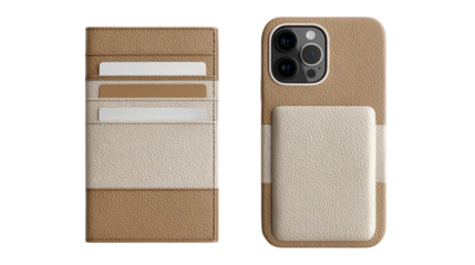 Designer Wallet and Phone Case: A flat lay of a designer wallet and matching phone case, isolated on a Transparent background, PNG file.