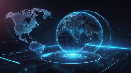 Obraz premium A digital representation of earth with glowing blue continents and a futuristic platform design