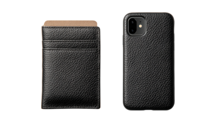 Designer Wallet and Phone Case: A flat lay of a designer wallet and matching phone case, isolated on a Transparent background, PNG file.