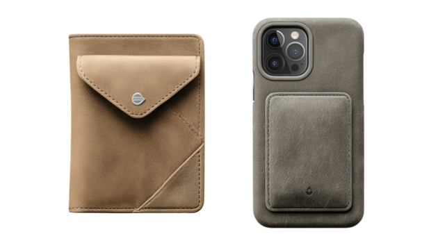 Designer Wallet and Phone Case: A flat lay of a designer wallet and matching phone case, isolated on a Transparent background, PNG file.