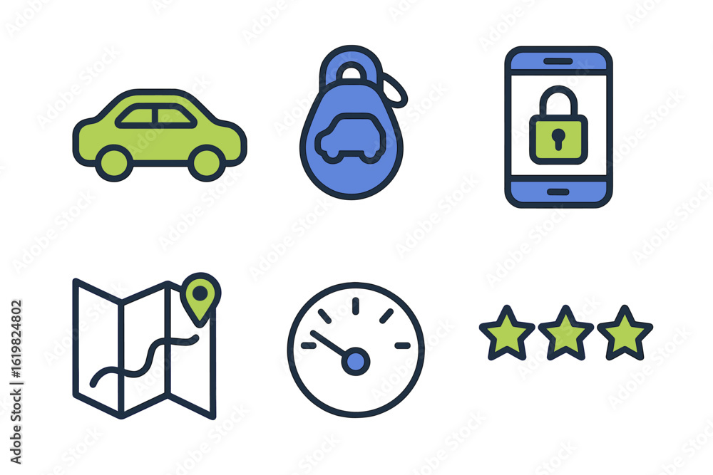 Aufkleber colorful icons representing transportation, security, and navigation displayed in a simple layout fo