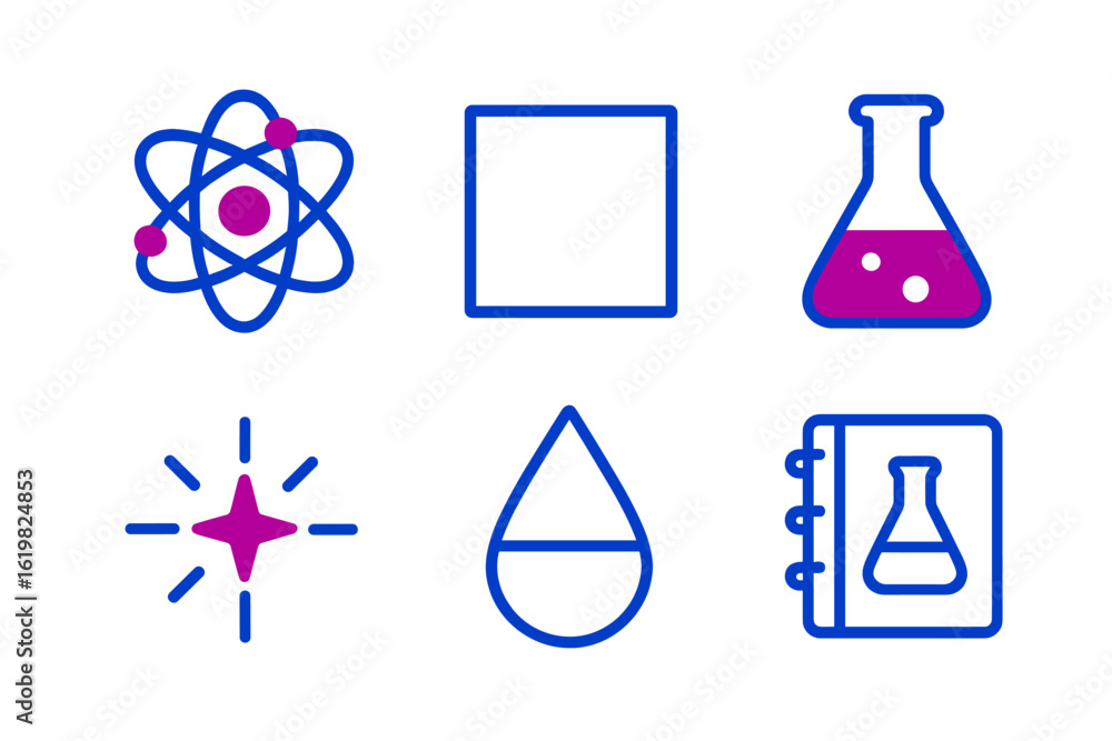 Aufkleber visual elements of science including atom, flask, and notebook with laboratory symbols displayed on 
