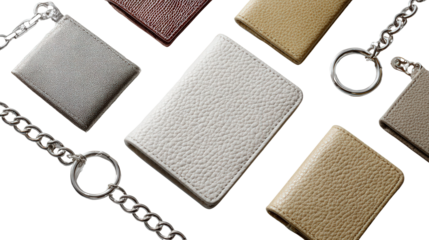 Designer Wallets and Keychains: A flat lay of designer wallets and keychains, isolated on a Transparent background, PNG file.