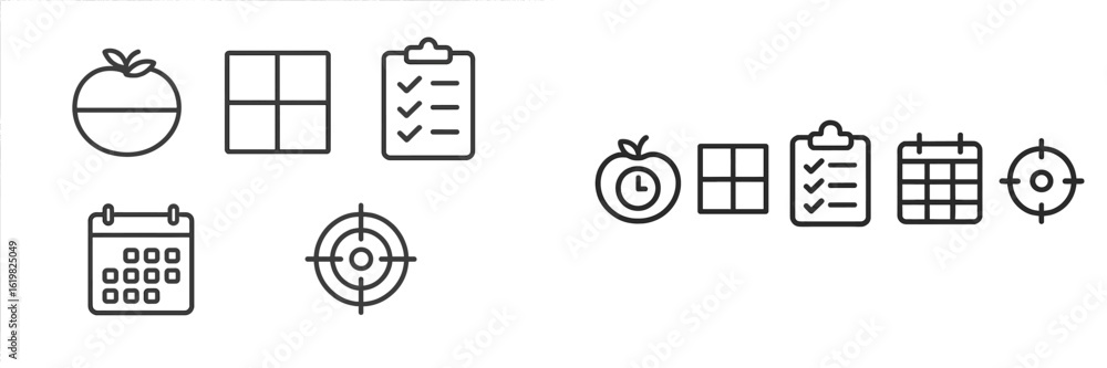 Poster graphic representation of organization tools and productivity symbols showcasing time management and