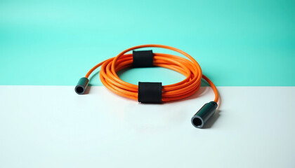 Coiled orange extension cord with black connectors; isolated electric cable accessory on clean background