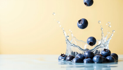 Fresh blueberries splashing into water on reflective surface set against light background with copy space