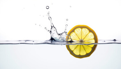 Fresh lemon slice splashing into clear water creating dynamic ripples and droplets isolated on a bright background with copy space