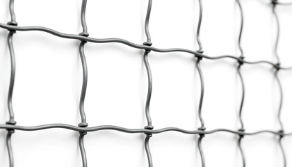 Black metal wire fence grid pattern with copy space on white background representing security barrier and boundary enclosure
