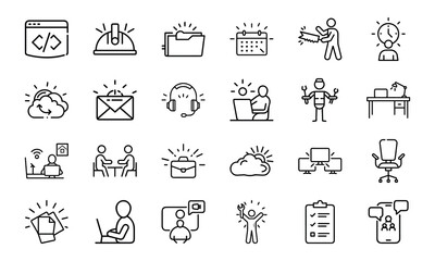 An icon pack featuring a diverse range of outline symbols for business, technology, productivity, and professional services.