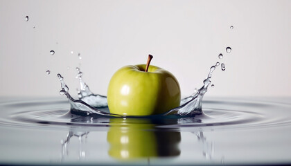 Green apple splashing in water with ripples and droplets on a smooth surface showcasing freshness and vitality with copy space