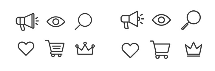 Symbols representing communication, search, love, and shopping in minimalist design