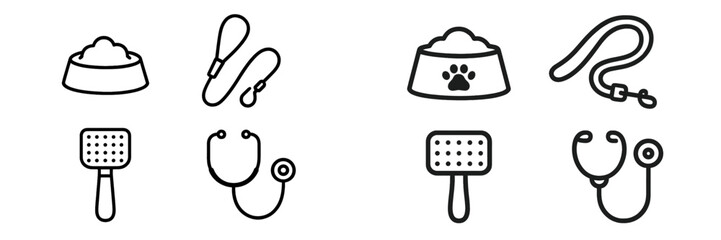 Various pet care items, including feeding bowls, leashes, and grooming tools, arranged on a simple background