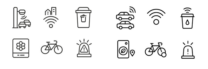 Traffic signals and city icons representing urban mobility and eco-friendly transport options at a busy intersection in a bustling metropolis