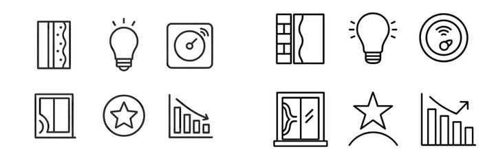 Visual icons representing various concepts such as light, measurement, and improvement in a minimalist style