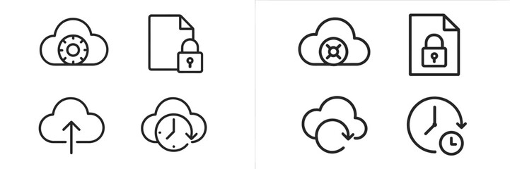 Cloud storage icons depicting security, file management, and data synchronization features in a digital layout