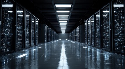 Server Room Corridor with Shiny Floor and Rows of Racks