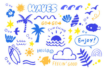 手描き風サーフィンと夏モチーフイラストセット｜波・ヤシの木・太陽・貝殻・フィーリングポップアート