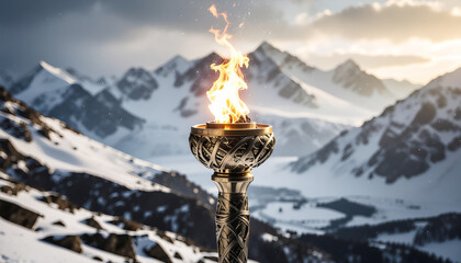 Olympic torch and Flickering flame above snowy Alpine landscape on a serene winter day. Winter Games in Italy 2026.