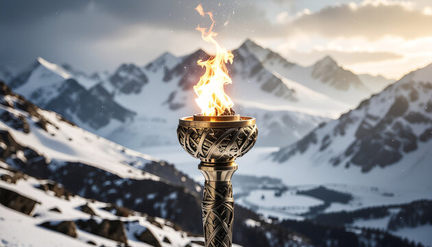 Olympic torch and Flickering flame above snowy Alpine landscape on a serene winter day. Winter Games in Italy 2026.