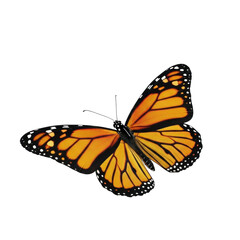 A detailed 3D rendered Monarch butterfly with vibrant orange wings, black veins, and white spots, resting on a clean transparent background with a soft shadow, presented with lifelike accuracy,