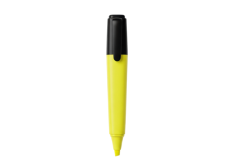Bright yellow new highlighter pen with a black cap and chiseled felt tip, standing upright on an immaculate, seamless transparent studio background with copy space, clean office supply concept