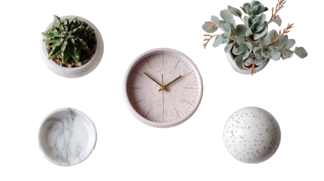Desk Clock and Minimalist Decor: A flat lay of a desk clock and minimalist decor, isolated on a Transparent background, PNG file.