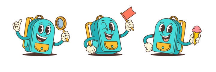 Cute turquoise school backpack mascot in three poses with pointing finger, waving flag, and holding ice cream. Great for kids content, education designs, and cheerful branding. Vector illustration