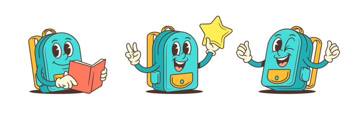 School backpack mascot in sitting and standing poses featuring reading, star celebration, peace sign, and double thumbs up. Great for educational content, kids branding, and fun visuals