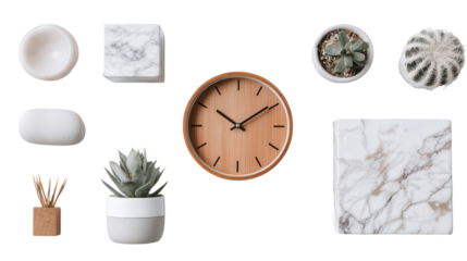 Desk Clock and Minimalist Decor: A flat lay of a desk clock and minimalist decor items, isolated on a Transparent background, PNG file.
