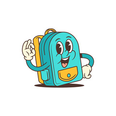 Bright and energetic backpack mascot with a joyful expression and an OK hand sign, perfect for school-themed projects, apps, or branding. Retro-inspired style adds charm and fun. Vector illustration