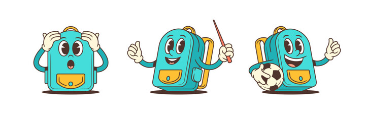 Bright blue school backpack mascot in three dynamic poses featuring surprise, confidence with a pointer, and sporty joy with a soccer ball. Perfect for educational, sports, and kids themes
