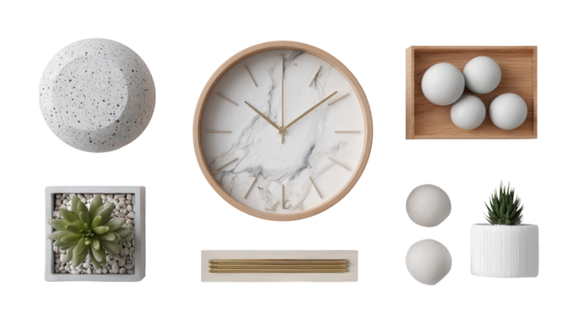 Desk Clock and Minimalist Decor: A flat lay of a desk clock and minimalist decor items, isolated on a Transparent background, PNG file. - Powered by Adobe