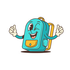 Turquoise school backpack mascot with bold outlines, giving thumbs-up with gloved hands. Energetic pose evokes motivation and positivity for educational themes, youth branding, or playful designs