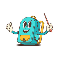 Bright turquoise school backpack mascot with a joyful expression, thumbs up, and pointer stick in dynamic teaching pose. Perfect for educational, kids, and learning themes. vector illustration