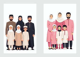Muslim Family in Pink Traditional Islamic Dress Standing Together with Children