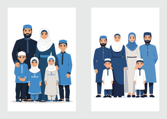 Islamic Family with Parents and Children in Cultural Muslim Dress Standing Vector