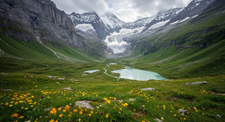 Nature Background Background explore scenic mountain landscape with glacier lake and wildflowers in summer season view