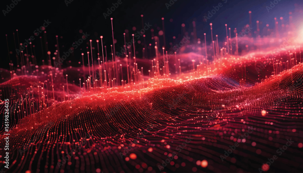 Aufkleber abstract digital landscape with glowing red particles and lines. dynamic red particle wave. abstract