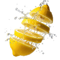 Flying Slices of Lemon in a Dynamic Water Splash, Isolated on White Background.