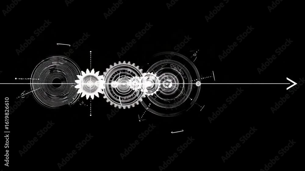 Poster mechanical precision: an intricate graphic featuring interlocked gears and cyclical elements, symbol