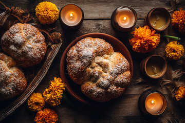 Top view of pan de muerto surrounded by lit candles and marigold flowers. Symbolic offering for Día de los Muertos traditions.
