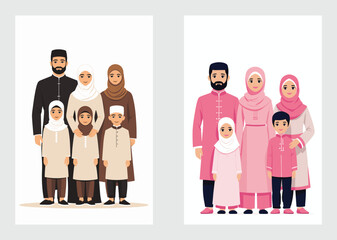 Islamic Family with Kids Wearing Traditional Clothing Posing for Portrait Vector
