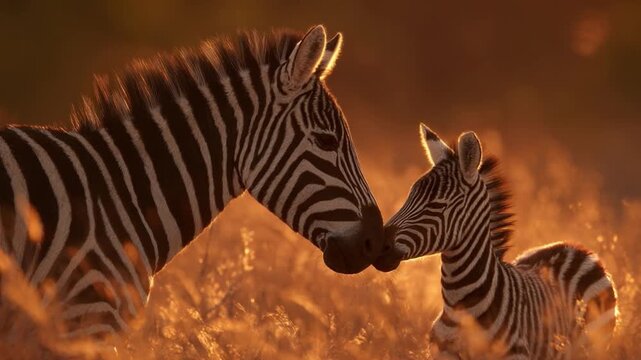 Zebra Bond: Witness a tender moment as a zebra affectionately nudges its foal in a sun-drenched savanna. Evoking the serene bond of maternal love and wilderness.