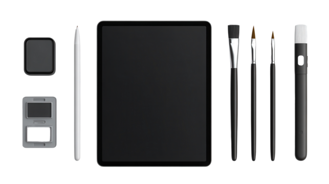 Digital Artwork Tools and Brushes: A flat lay of digital artwork tools such as a tablet, stylus pens, and brushes, isolated on a Transparent background, PNG file. - Powered by Adobe