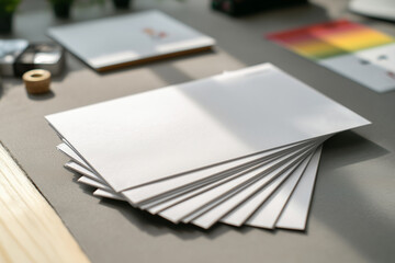 White cards fanned out on grey surface under natural sunlight. Clean mockup with soft shadow and copy space for design.
