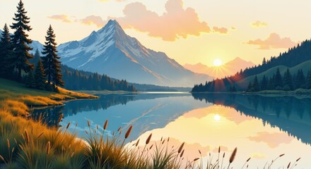Serene mountain lake at sunrise with perfect reflections, surrounded by alpine peaks and forest. Peaceful wilderness landscape for travel and nature themes.