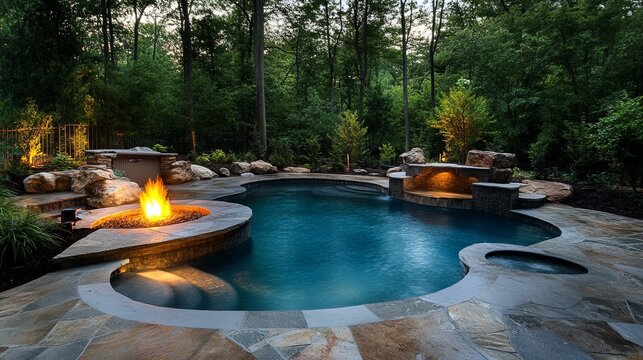 Cozy and inviting luxury pool area with built-in lighting features and a fire pit for a relaxed ambiance .