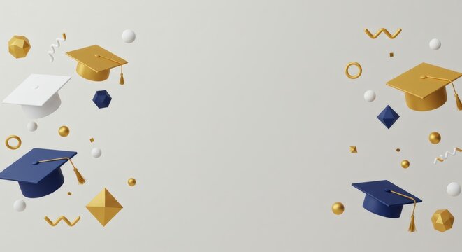 Dynamic 3D illustration of graduation caps and golden geometric shapes, a festive background for academic celebration. - Powered by Adobe